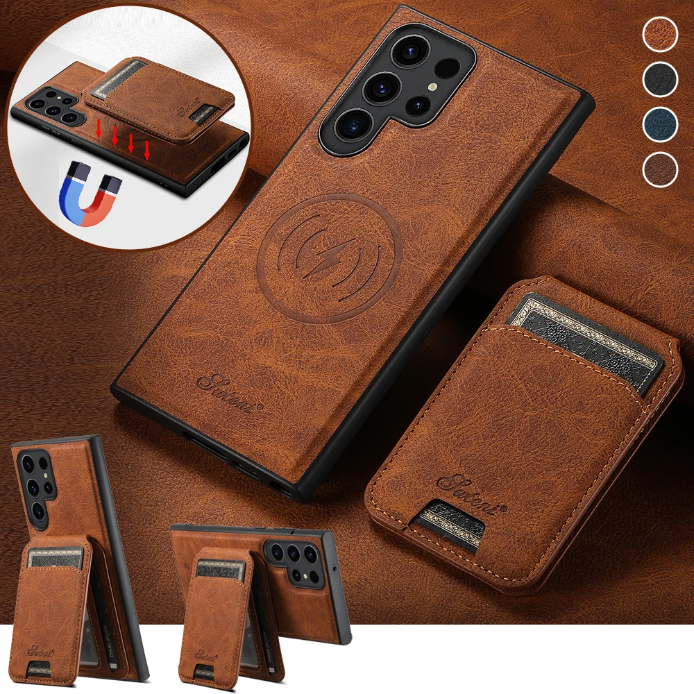 Detachable 2 in 1 Leather Wallet Magnet Card Holder Phone Case For Samsung Galaxy S24 S23 Ultra S22 Plus Wireless charging