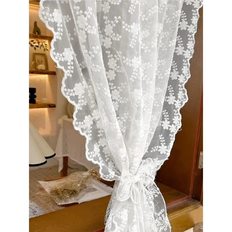 

White Tulle French Curtains Lace Gauze for Living Room Cream Retro Wavy Edge Bedroom Bay Window Girl Embroidery Curtain Door