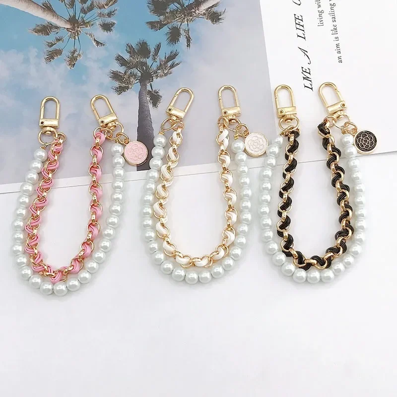 Korean Mobile Phone Leather Pearl Camellia Bracelet Chain For iPhone 14 13 12 Pro Max Samsung Flip 3 4 Anti-loss Hand Rope