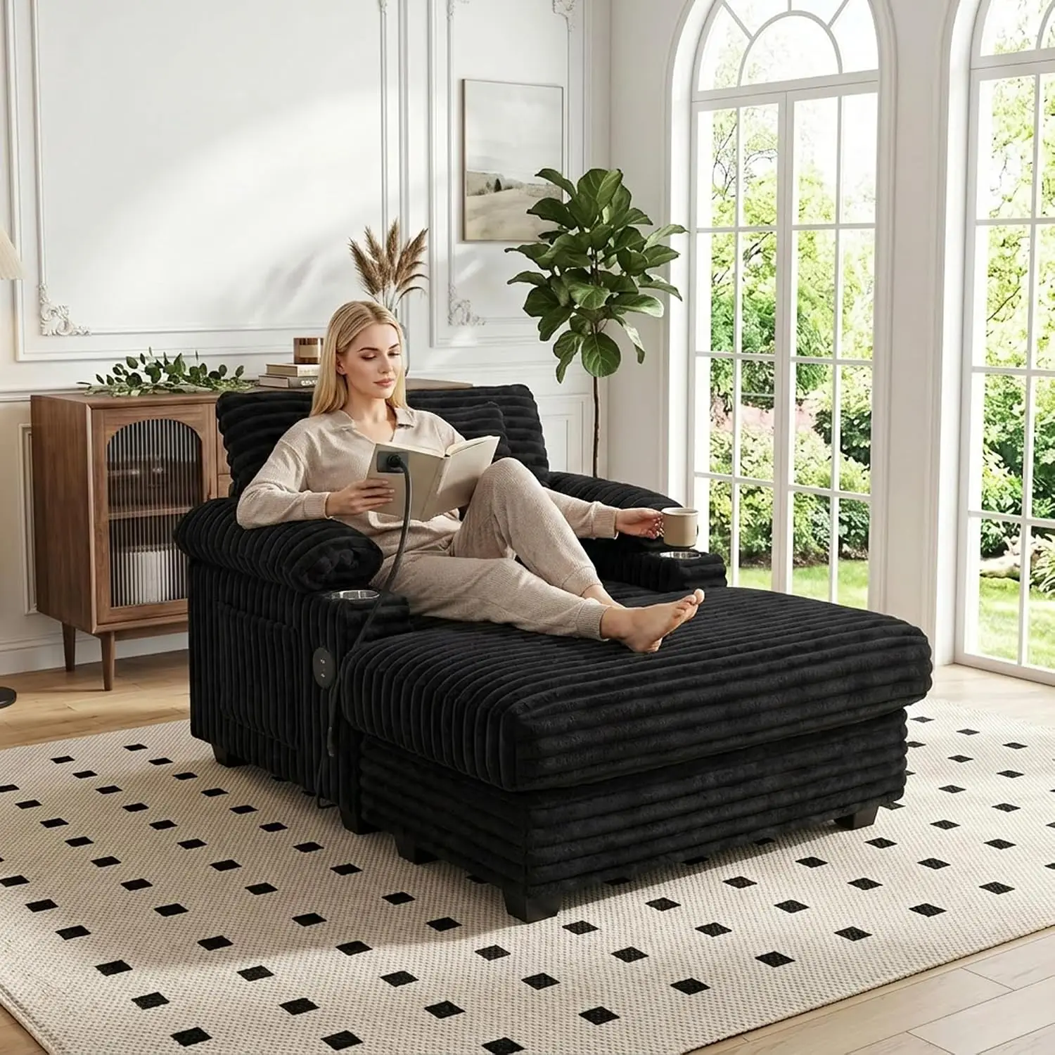 Chaise Lounge Chair with Adjustable Backrest, Storage Ottoman, Customized