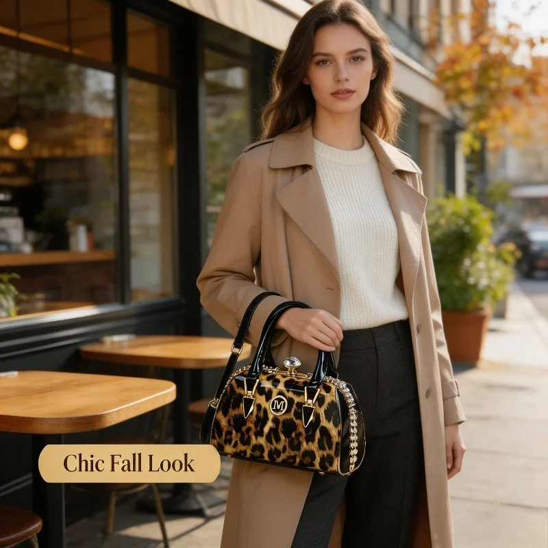 Women Leopard Print Frame Handbag Crystal Kiss Lock Patent Leather Handle Metal Logo Detachable Strap Shoulder Purse