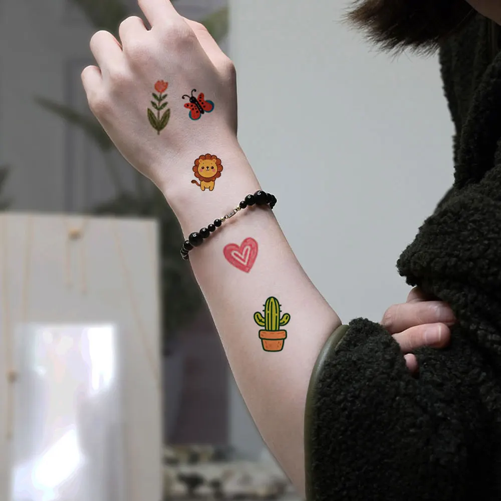 10pcs Cartoon Temporary Tattoos Lion Flower Dinosaur Animal Fake Tattoo Stickers Cute Tattoo Body Decor