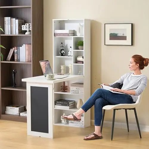 Folding Desk with Storage,Foldable Convertible Writing table with Blackboard and Shelves,Wall Mount Fold Out Table