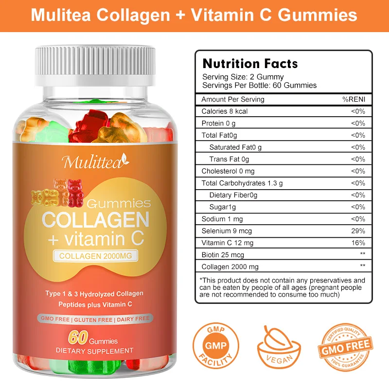 Mulittea Collagen Vitamins C Gummies Hyaluronic Acid for Brighten Skin &Skin Collagen Protein Joint Hair Nails Health