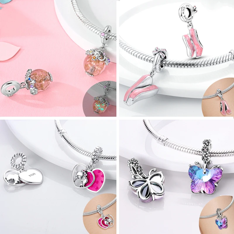 New IN 925 Sterling Silver Charms Beads Love Heart Pink Charm Bead Pendant Fit Original Bracelets DIY Jewelry Women Gift