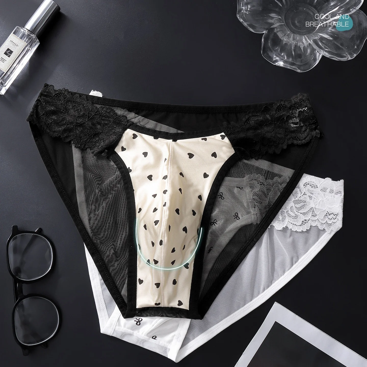 Men's Sexy Lace Panties Mesh See-Through Bowtie Heart Print Low Rise Soft Breathable Male Underwear Super Comfortable Plus Size