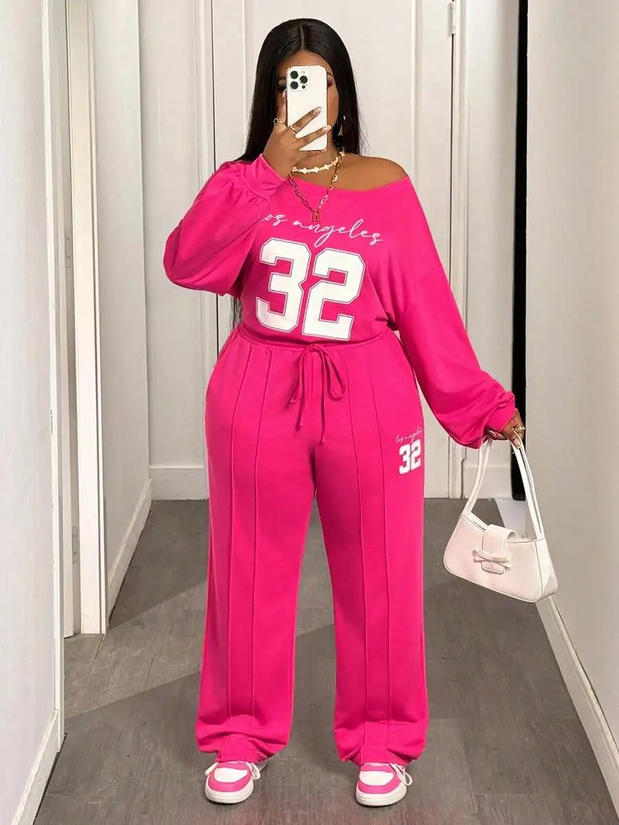 

Pink Off-Shoulder Letter Print Long Sleeve Top And Wide Leg Pants Two Piece Set
