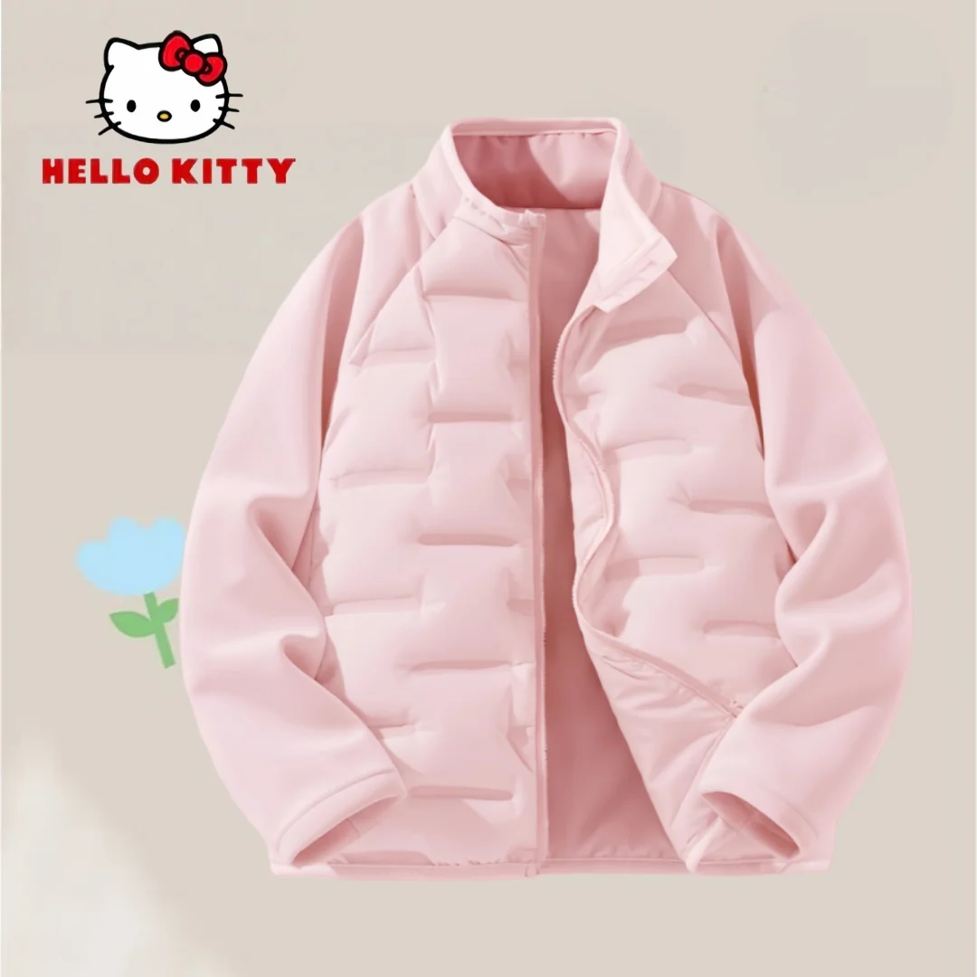 

Детская зимняя теплая верхняя одежда Hello Kitty, однотонная куртка на молнии, ветрозащитная куртка с высоким воротником, легкая пуховая куртка для девочек
