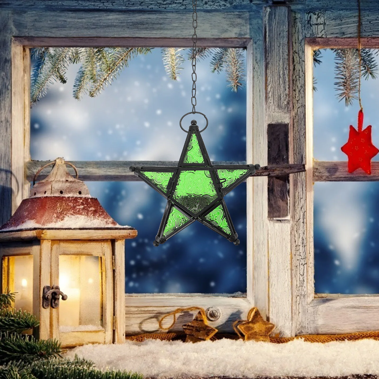

Pentagram Glass Lantern Iron Holder Wall Hanging Decor for Outdoor Indoor Use Wedding Christmas Home Decoration