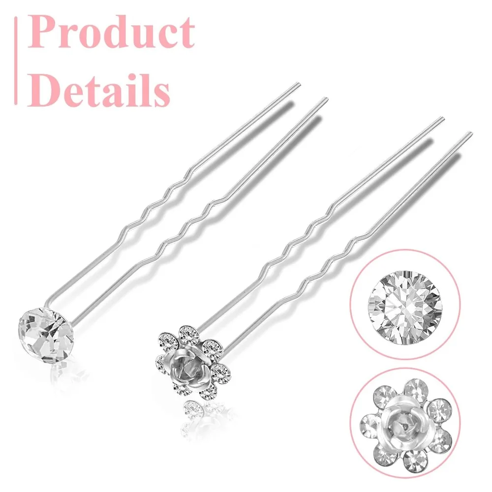 40 Pcs Pearl and Rhinestone Bridal Hair Pins, Wedding Pearl Hair Pins U Shape Rhinestone Flower Hairpins Silver Hairs Jewelry