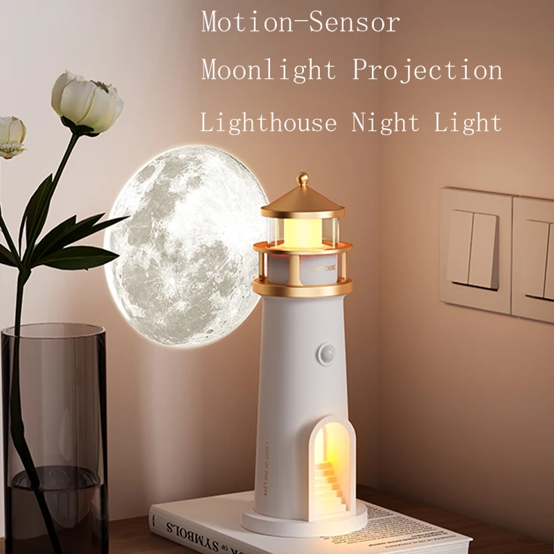 Moon Projection Light Motion Sensor Lighthouse Nightlights Remote Control Fake Candle Lamp Room Decoration Entryway Decor Lights