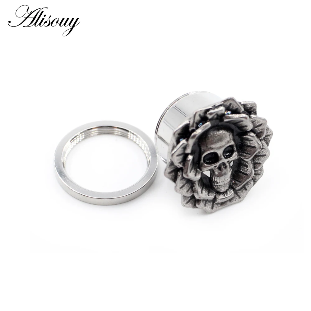 Alisouy 2PC Stainless Steel Ear Tunnel Plugs Expander Skull Flower Star Moon Dragon Cross Stretcher Gauges Body Piercing Jewelry