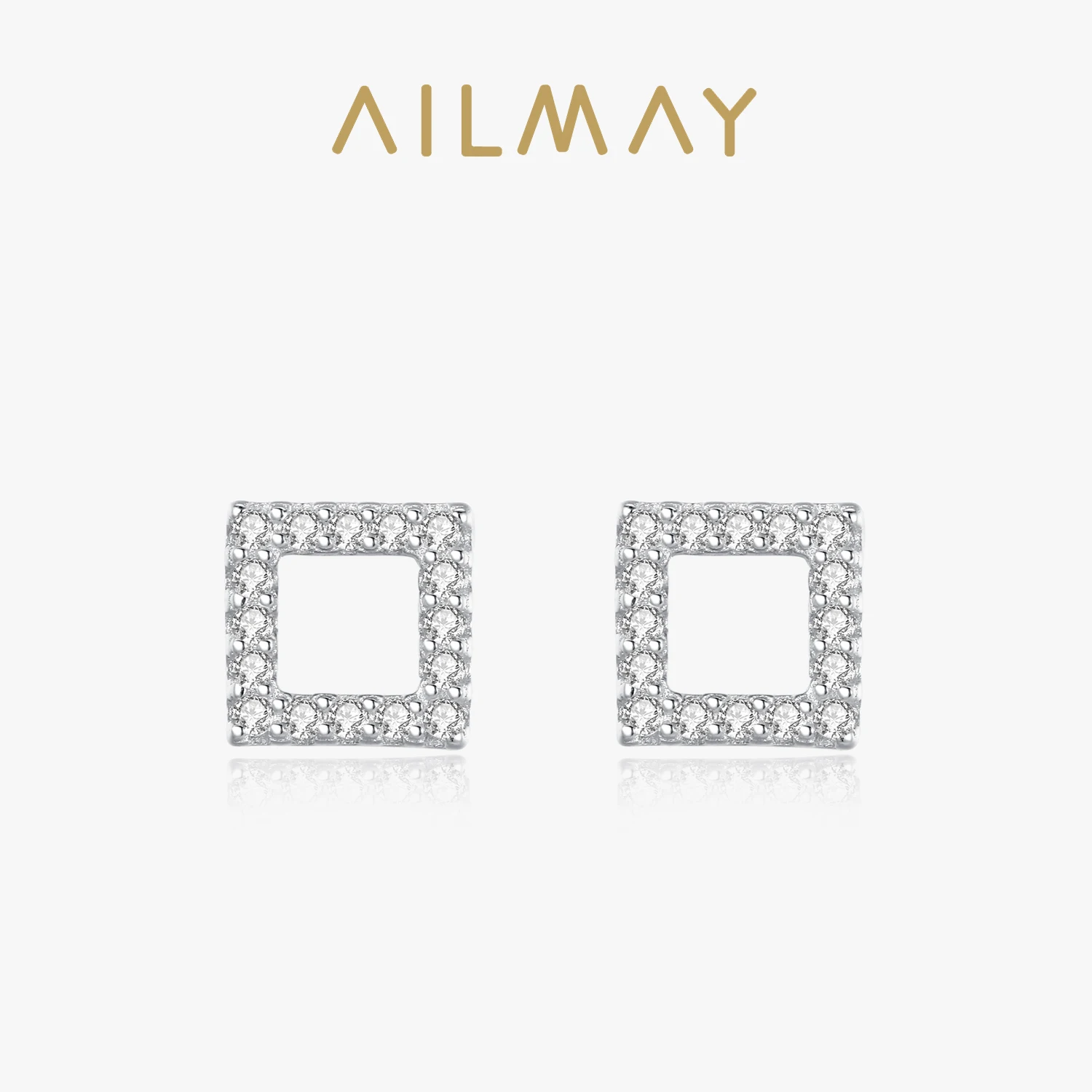 Ailmay Real 925 Sterling Silver Exquisite Clear Zircon Square Geometry Earrings Hypoallergenic For Women Statement Jewelry Gift