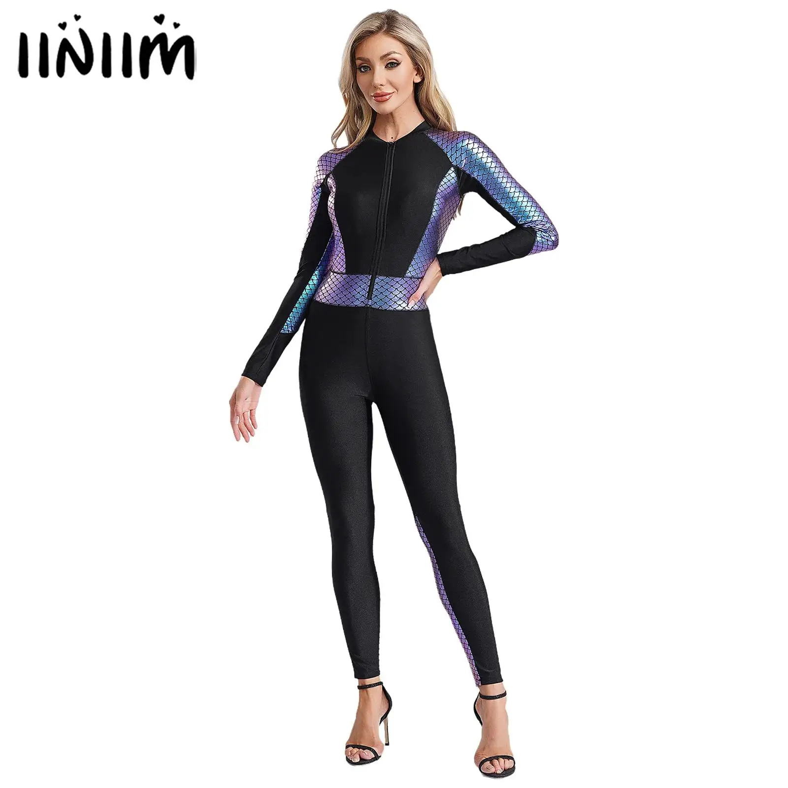 Women Full Body Swimsuit Mermaid Fish Scales Print Padded Wetsuit Front Zipper Rash Guard Diving Surfing Kayaking Swimwear