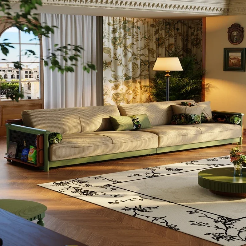 Retro fabric sofa small apartment living room antique straight row sofa