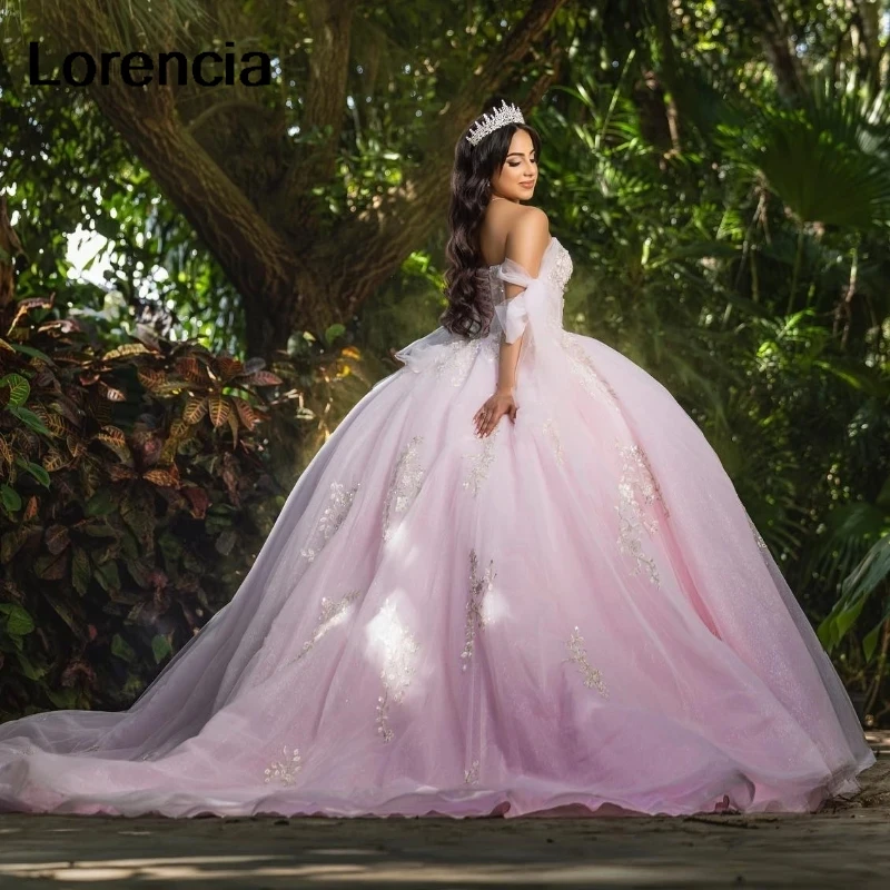 

Lorencia Pink Quinceanera Dress Ball Gown Lace Applique Beading With Cape Mexican Corset Sweet 16 Vestidos De 15 Años YQD819