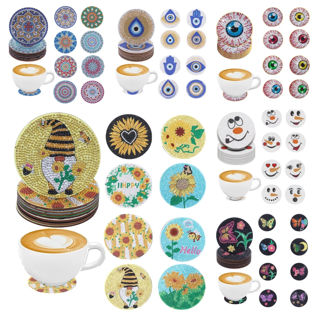 8 DIY cartoon/floral pattern diamond painting coasters set, non-shelf anti-slip wooden coasters, living room, kitchen