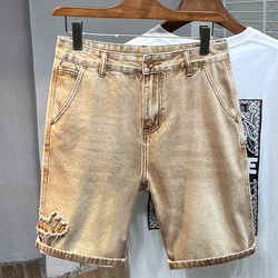 Vintage Jeans Men's Shorts Yellow Mud Street Fashion Bermuda Pants Straight Loose Distressed Patchwork Denim Shorts