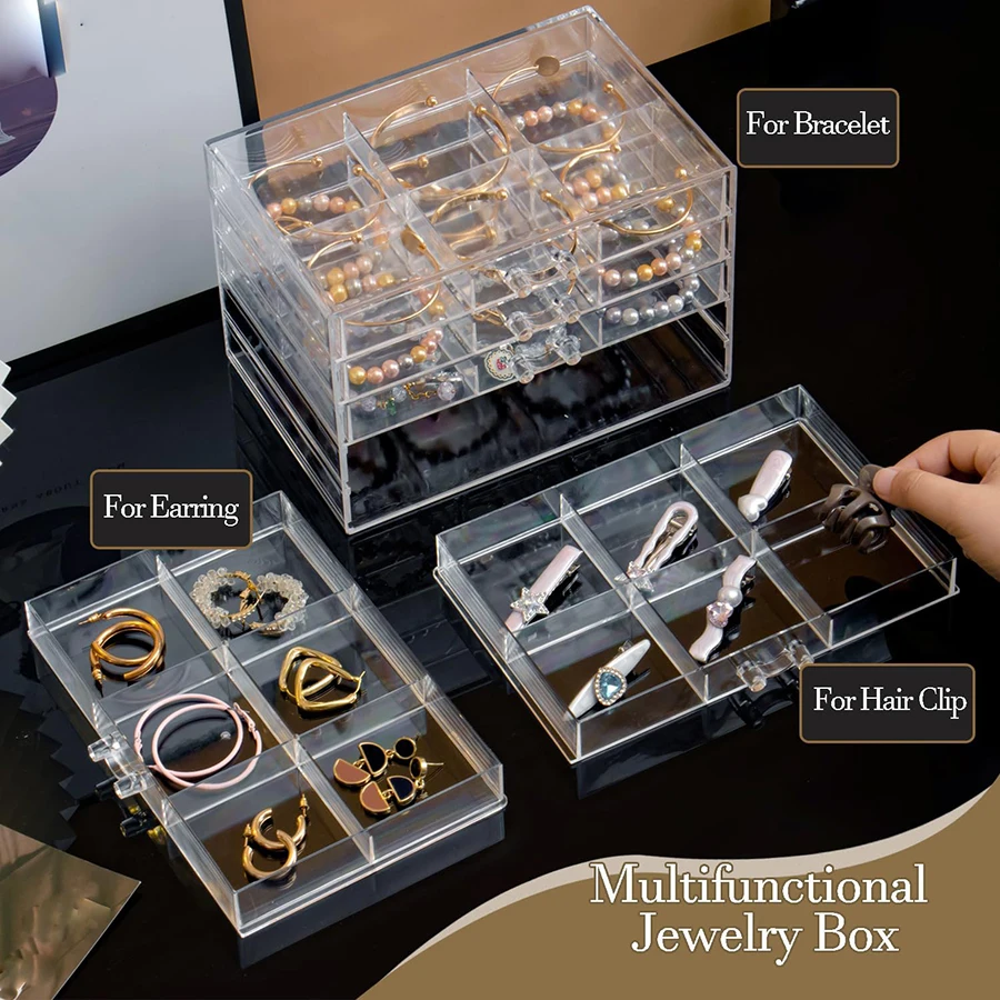 DIY bracelet case, earring case large 30-grid jewelry clip case, with 5 drawers, stackable earring bracelet case