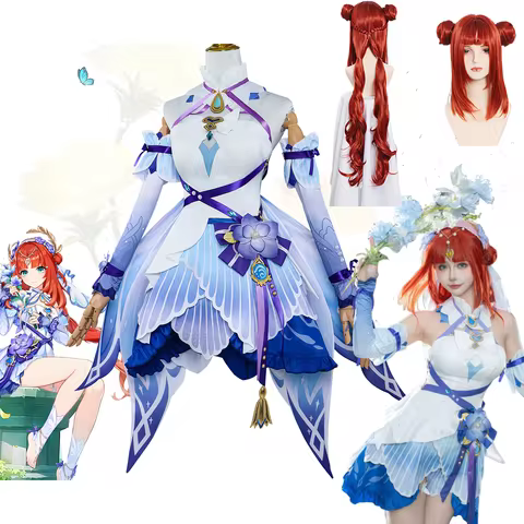 Genshin Impact Nilou Cosplay Full Set with Sabaa Dance Wig &amp; Headpiece, Anime Game Dancer Dress Halloween Party Outfit for Women