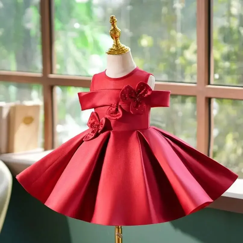 

High-End Flower Girls Wine Red Evening Gown Bow Beading Design Host Piano Performance Wedding Birthday Girls Party Dresses A4182