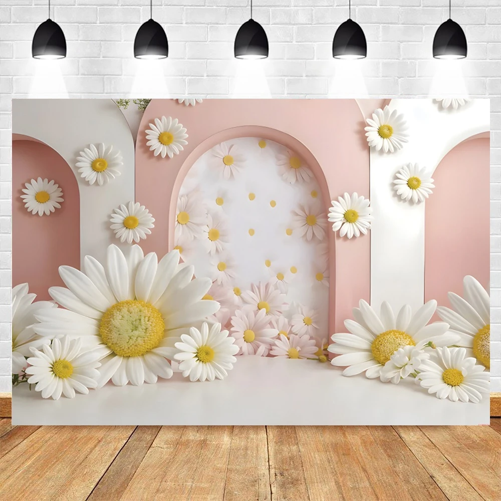 Spring Daisy Flower Arch Wall Balloons Boho Photography Backdrop Girl Birthday Cake Smash Easter Kids Portrait Photo Background