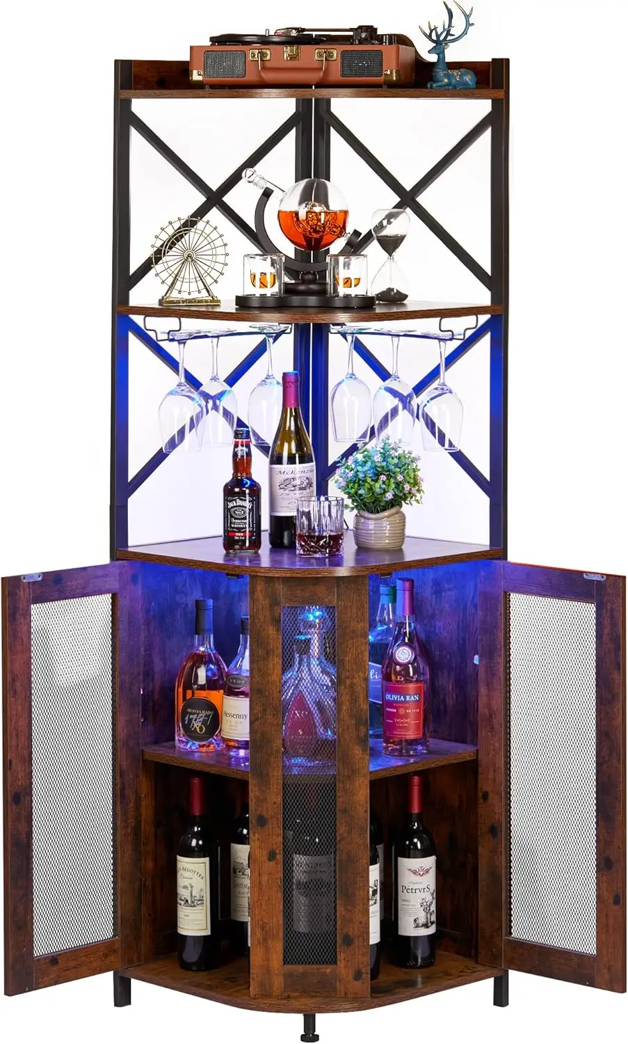 JKsmart-Armário de canto com luzes LED, armário industrial do vinho com suporte de vidro, armário do licor da fazenda, 5-Tier