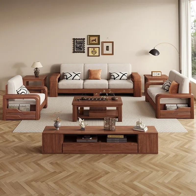 New Chinese Style Solid Wood Sofa Inline Row Home Living Room Simple Size Apartment Winter and Summer Dual-Use Black Walnut Sofa