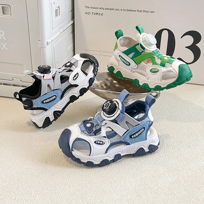 Children Sports Sandals Toes Capped Rotating Button Kids Casual Sandals Mesh Breathable 2026 Summer New Boys Girls Running Shoes