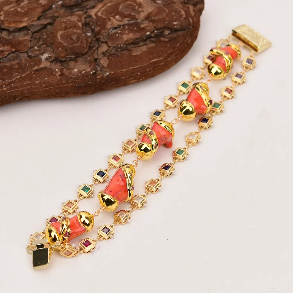 GG 3 Rows Natural Orange Coral Branch Mix CZ Crystal Chain Bracelet