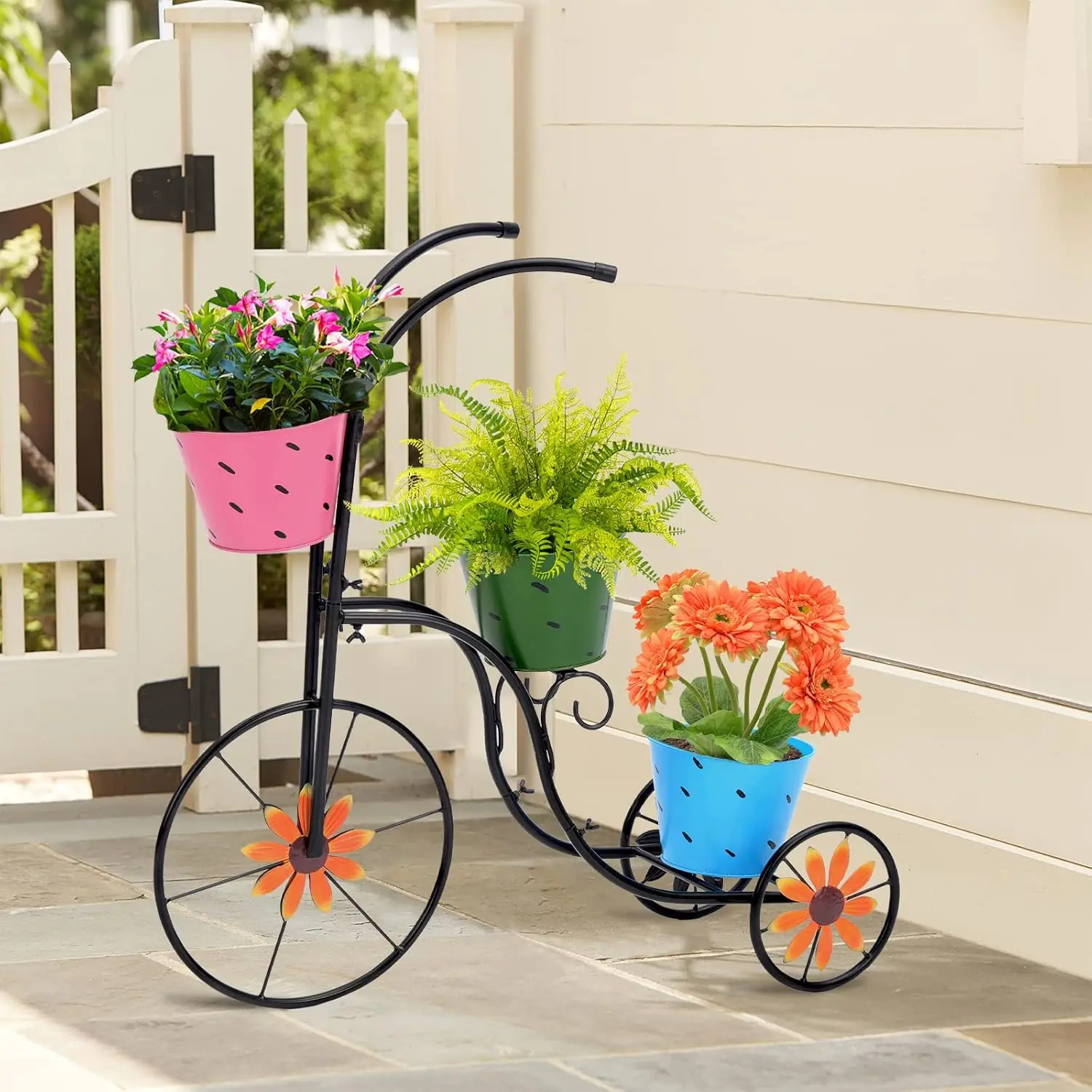 HOT Metal Tricycle Planter, 3 Tier Floral Flower Plant Stand Holder Hand Painted Outdoor Garden Patio Decor 4.2 Pounds