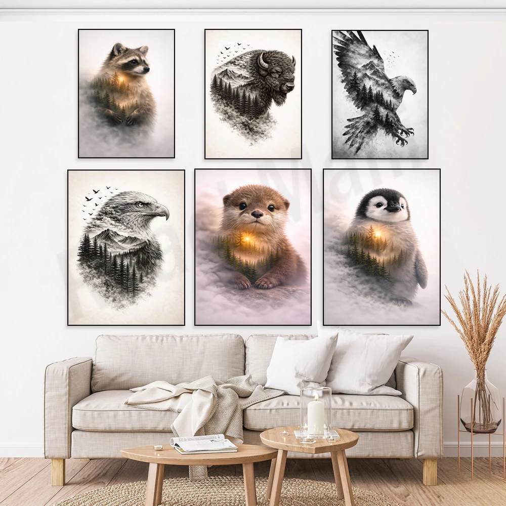 Penguin, Otter, Alpaca, Hedgehog, Stag, Fox, Moose, Bear, Wolf — Mountain Nature & Forest Animals Double Exposure Canvas Poster