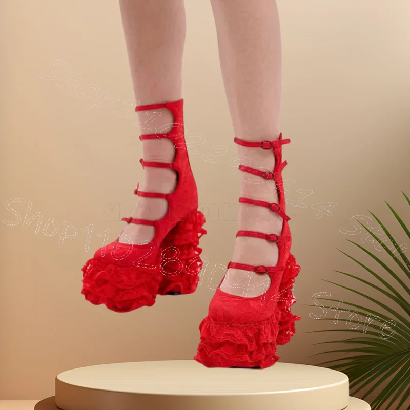 

Red Lace Falbala Design Round Toe Boots Back Zipper Women Shoes Chunky High Heels Fashion Party Dating 2025 Zapatos Para Mujere