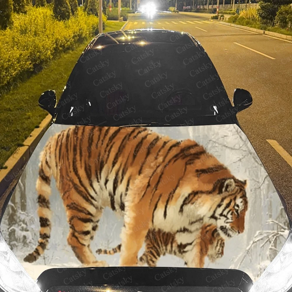 Snowy Tiger Family Car Hood Sticker PVC Self Waterproof Stick, Striking Auto Exterior Accessories Decor Protect Gift for Lover
