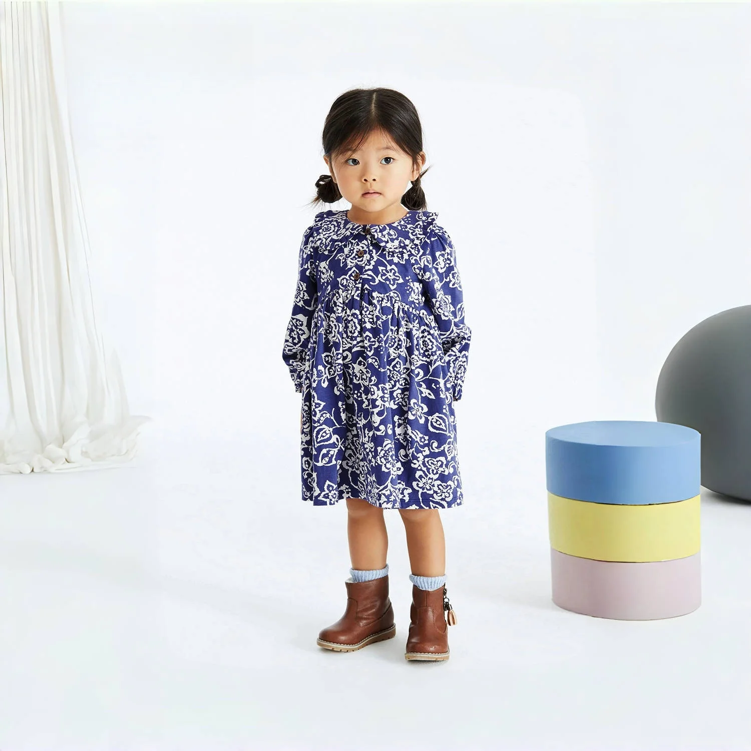 ملابس أطفال خريفي بناتي ملابس أطفال زهور زرقاء بأكمام طويلة فستان حفلات زي ربيعي قطني #1