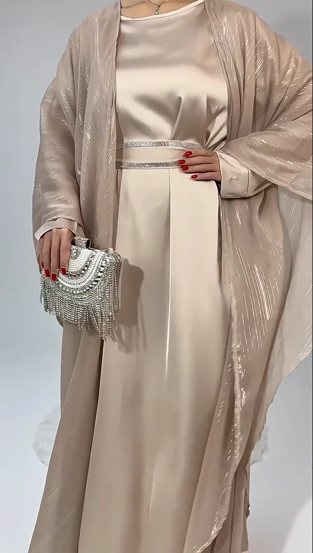 

2Pcs Muslim Sets Dubai Women Shiny Open Kimono Abaya Dress Kebaya Moroccan Kaftan Party Gown Islam Clothing Eid Robe Jalabiya