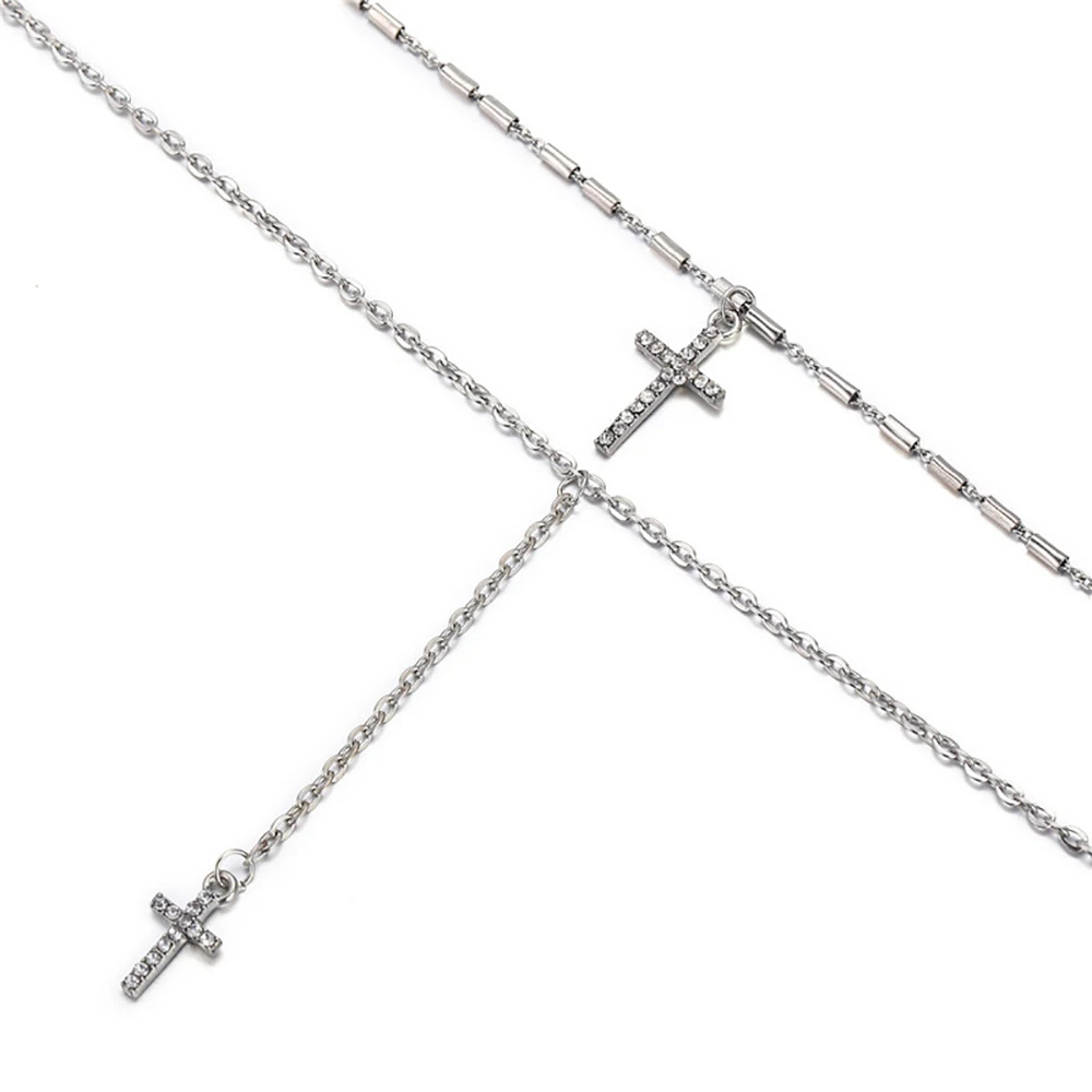 Fashion Gold-plate Crystal Cross Necklaces Pendants Boho Double Layered Necklace Catholic Religious Christian Statement Jewelry