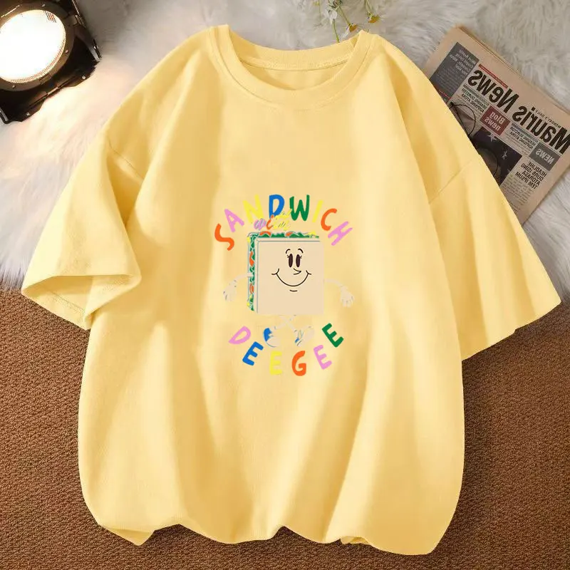 Happy Sandwich Print Women T-shirts Fashion Summer Ladies Tshirts Short Sleeves Clothes 2025 New O-neck Cotton Casual Tshirt