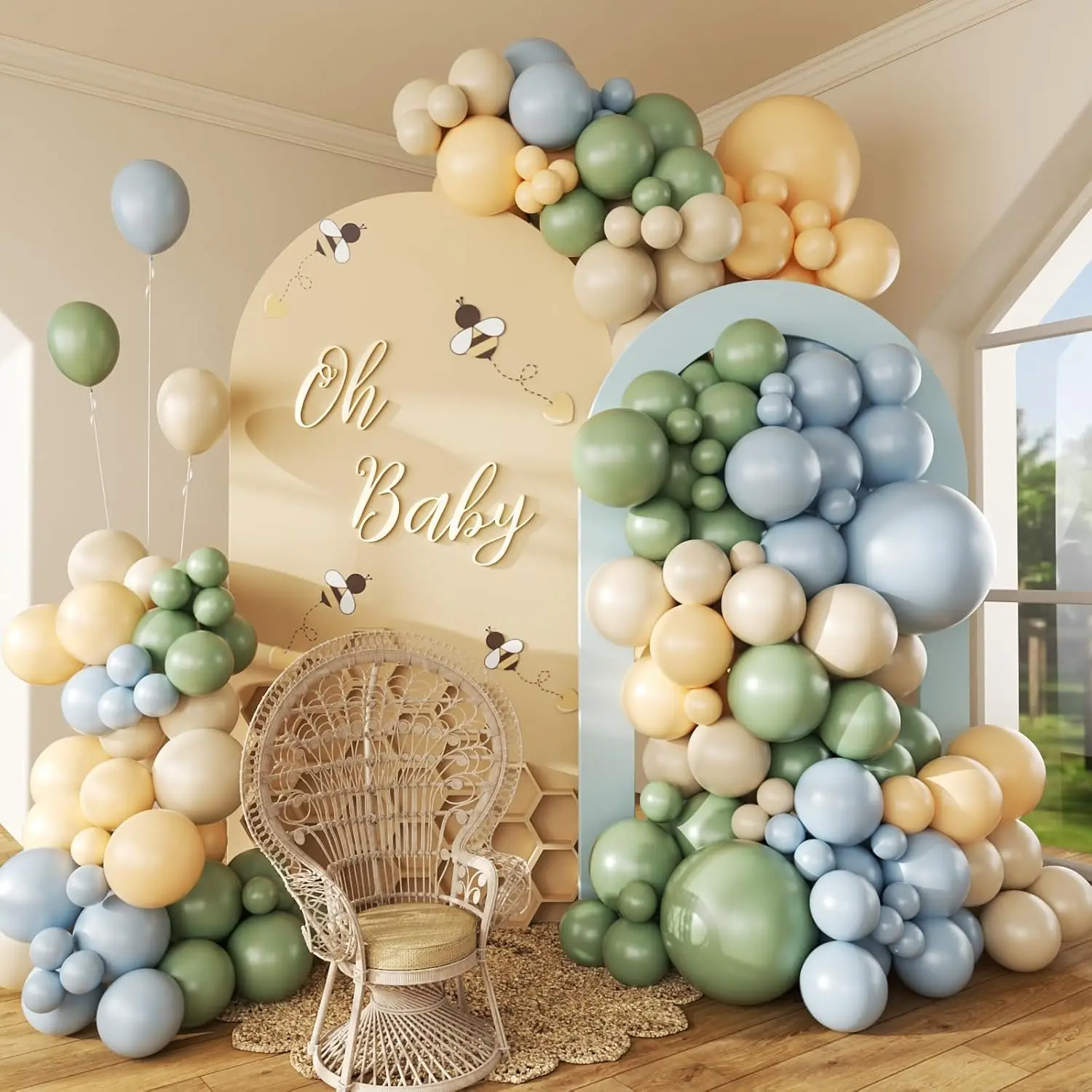 Staubblauer, Salbeigrüner und Nude Latex-Ballonbogen-Girlanden-Set für Klassische Winnie-Bär-Themen-Geburtstags- und Babyparty-Dekorationen
