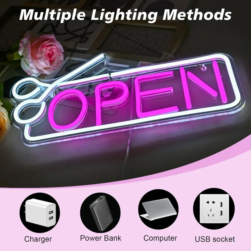 Open Neon Sign Pink White LED Signs USB Powered Neon Light up Signs for Bar Salon Store Coffee Shop Club Business Wall Decor