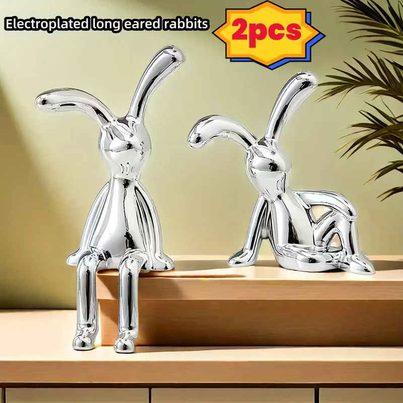 Two-piece Nordic-style silver-plated long-eared rabbit statue as decoration, tabletop craft gift, home decoration, statue.