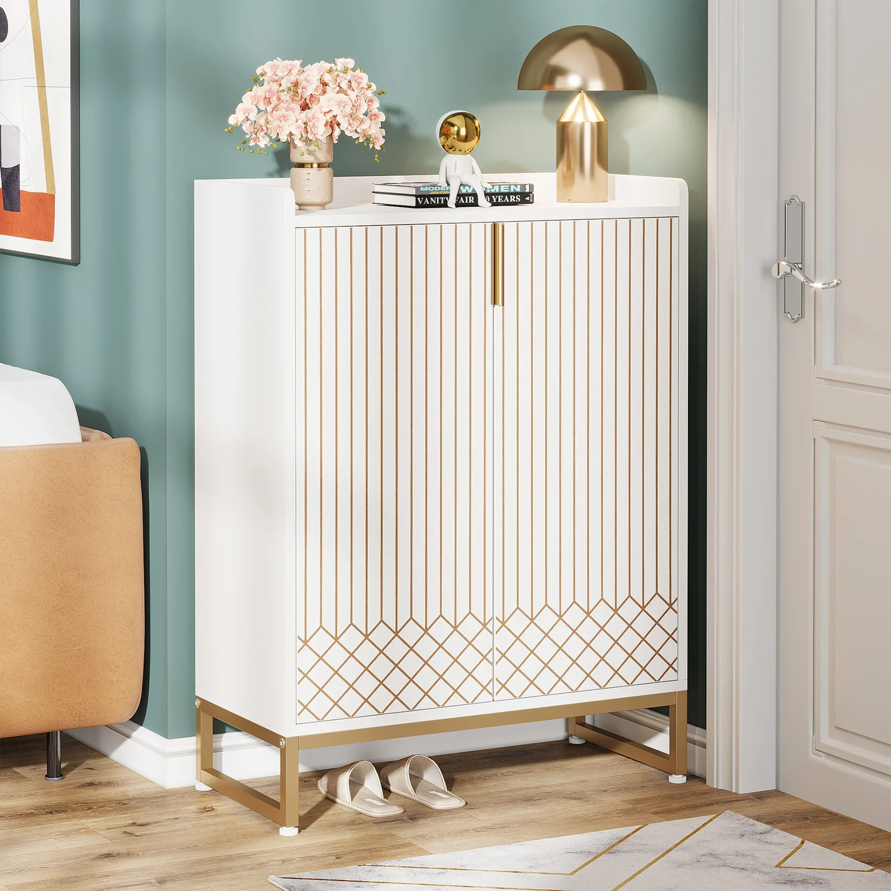 White Shoe Cabinets with Doors, 5-Tier Shoe Rack, Wood Storage Cabinet for Bedroom Hallway Living Room