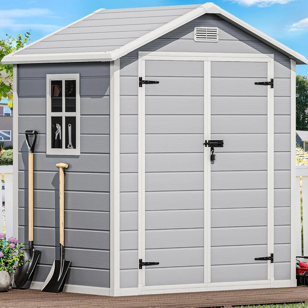 6x4.4 FT Outdoor Resin Storage Shed with Reinforced Floor, All-Weather Bike Storage Shed with Lockable Door, Window and Vent, W