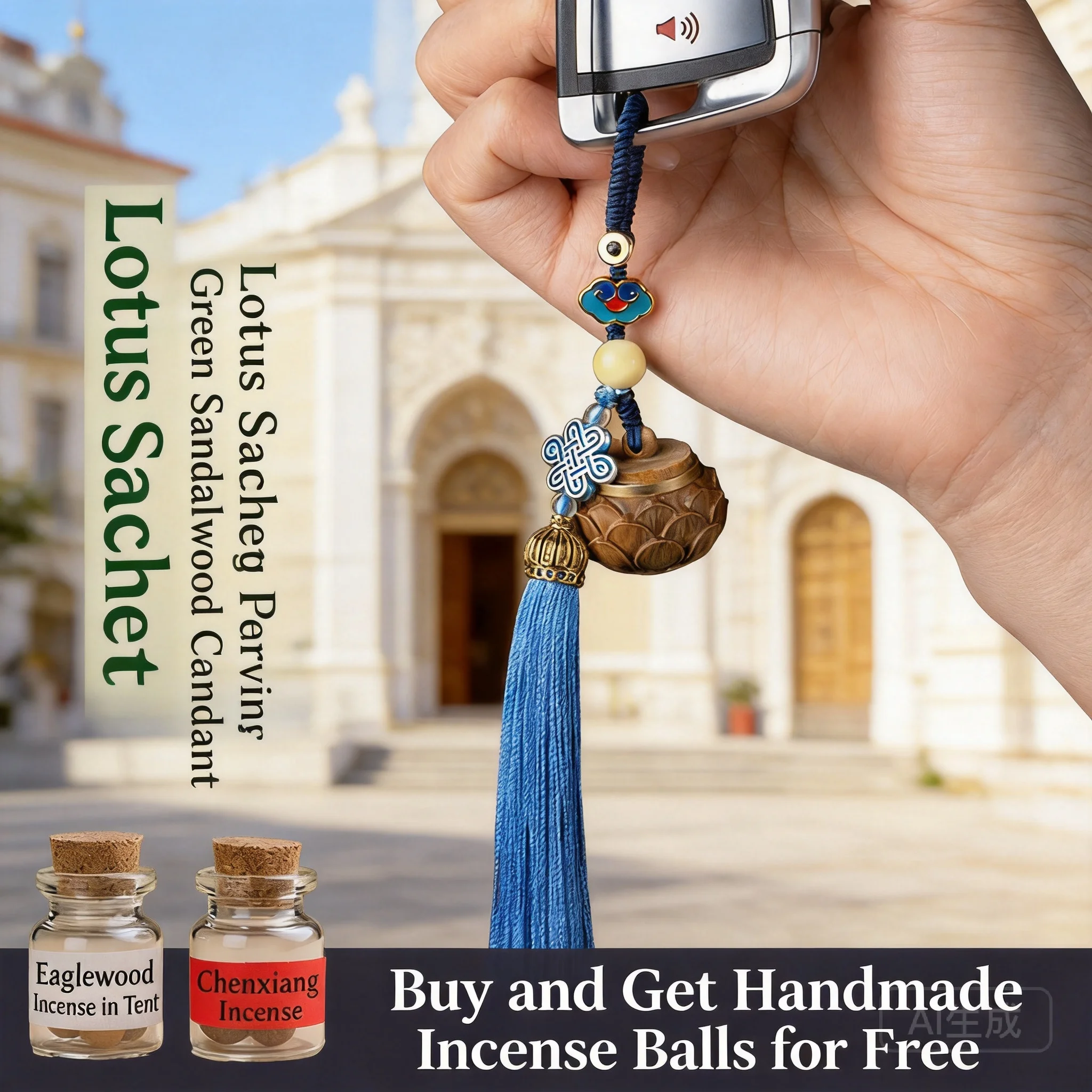 Natural green sandalwood sachet pendant with tassel 2026 unisex aromatherapy charm for keychain phone strap bag decor with scent
