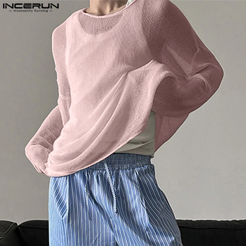 

INCERUN Men T Shirt Solid Color Knitted O-neck Long Sleeve Loose Male Tee Tops See Through Sexy Fashion Casual Men Clothing 2025