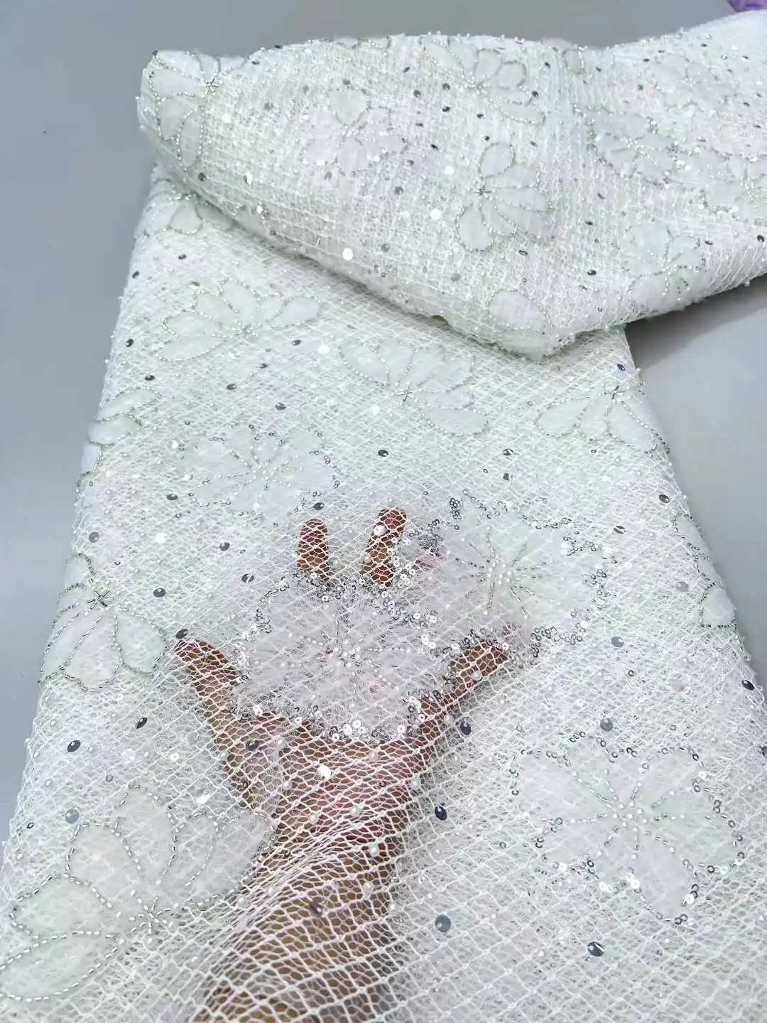 Высококачественная африканская тюль с блестками, вышитая кружевная ткань для жениха, кружевная ткань с блестками и бисером для нигерийской свадьбы.