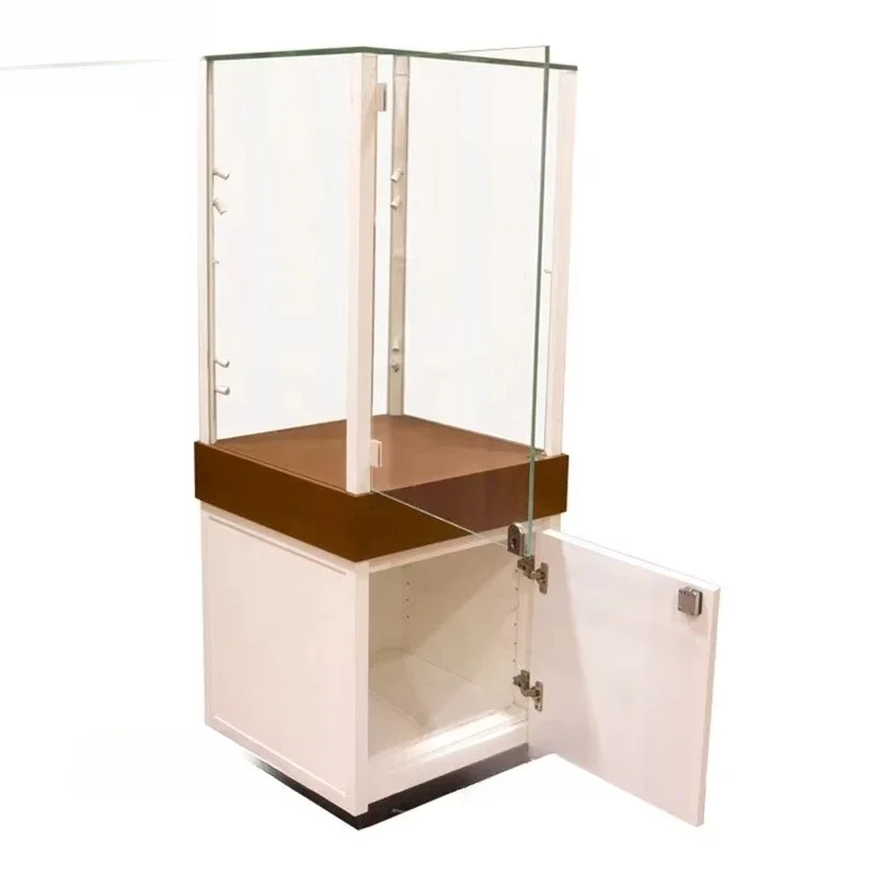 Floor-to-ceiling lockable glass display case with light