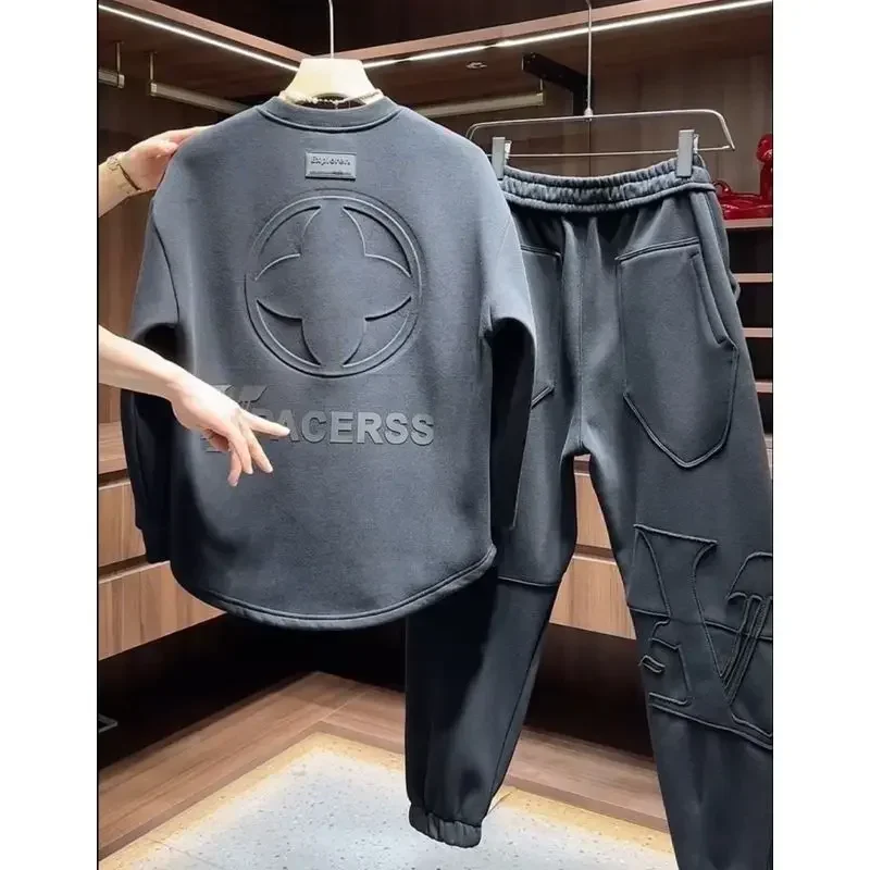 Fashion versatile men's suit casual crew neck sweater trendy leggings handsome