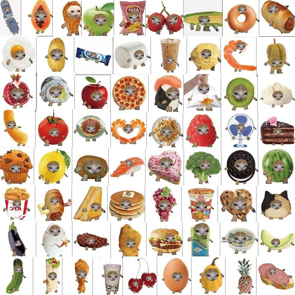 10/30/50PCS Cartoon Food Cat Head PersonalityCreative Sticker Desk Guitar Computer Refrigerator Car Waterproof Sticker Wholesale