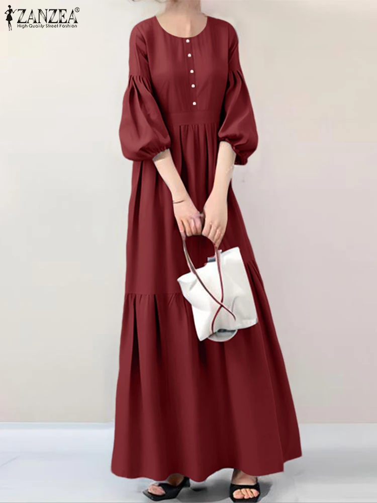 2025 Elegante Abito con maniche a lanterna ZANZEA Donne alla moda Maxi Abito lungo Estate Vestito estivo Casual Solid OL Abiti da lavoro Robe Femme